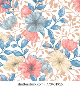 Seamless pattern with gentle hand drawn florals in pastel colors. Flower wallpaper in romantic retro style for fabric, backdrop, wrappint paper, cover, cards, textile.