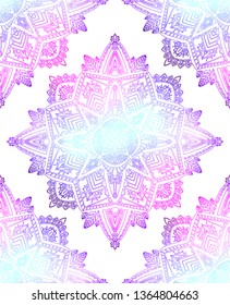 Seamless pattern of gentle mandalas on white background. Hand drawn doodle lace background. Vector gradient texture for fabrics, wallpapers and your creativity