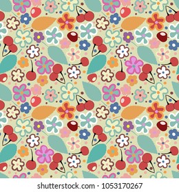 Seamless pattern in gentle pastel colors, vector. Floral colorful pattern with flowers and berries in cartoon style