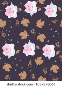 Seamless pattern with gentle pink roses, golden leaves of viburnum and small hearts on dark purple background. Vector illustration. Print for fabric, paper, wallpaper.