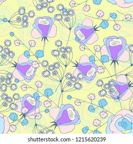 Seamless pattern gentle purple, lilac flowers. Romantic mood, evening walk, sunset. Yellow background. Morning sunrise Printing on fabric, scrapbooking. Colorful hand drawn vector stock illustration