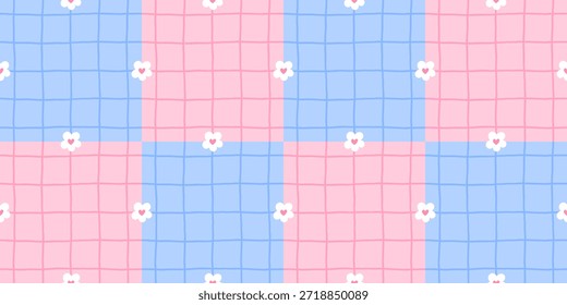 Patrón sin fisuras con suave flor Pequeña sobre fondo rosa y azul de guinga. Ideal para vacaciones de San Valentín, diseño de primavera, textiles, envoltura.