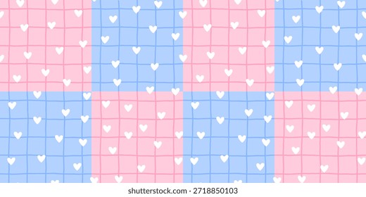 Padrão contínuo com pequeno coração suave no fundo de gingham rosa e azul. Ideal para Valentines design de férias, têxteis, embalagem.