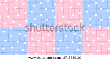 Seamless pattern with gentle small heart on pink and blue gingham background. Ideal for Valentines holiday design, textiles, wrapping.