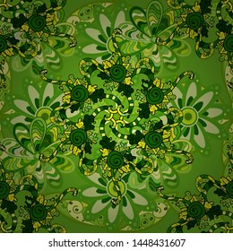 Seamless pattern Gentle, spring on green, yellow and black colors. Vector illustration. Watercolor painting.