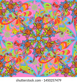 Seamless pattern Gentle, spring on pink, blue and orange colors. Watercolor painting. Vector illustration.