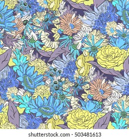 Seamless pattern with gentlel flowers. Hand draw nature elements.