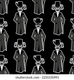 Seamless pattern with gentleman hares in a coat, top hat, glasses, mustache and cane, Creative sketch with the symbol of the 2023 new year, Easter concept, The English invisible man