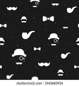 Seamless pattern with gentleman on black background. Silhouette of man's head, moustache, tobacco pipe and bowler hat. Black simple mafia ornament.  Vector flat illustration.