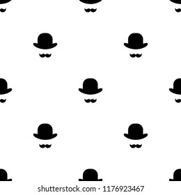 Seamless pattern with gentleman on white background. Silhouette of man's head with moustache and bowler hat. Black simple ornament.  Vector flat illustration.
