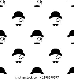 Seamless pattern with gentleman on white background. Silhouette of man's head with moustache, lorgnette and bowler hat. Black retro, vintage ornament.  Vector flat illustration.