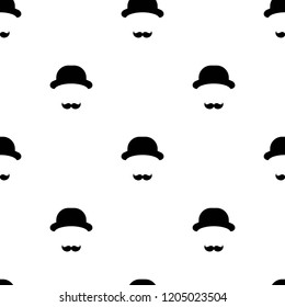 Seamless pattern with gentleman on white background. Silhouette of man's head with moustache and bowler hat. Black simple ornament.  Vector flat illustration.