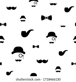 Seamless pattern with gentleman on white background. Silhouette of man's head, moustache, tobacco pipe and bowler hat. Black simple mafia ornament.  Vector flat illustration.