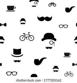 Seamless pattern with gentleman on white background. Silhouette of man's head, moustache, tobacco pipe and bowler hat. Black simple mafia ornament.  Vector flat illustration.