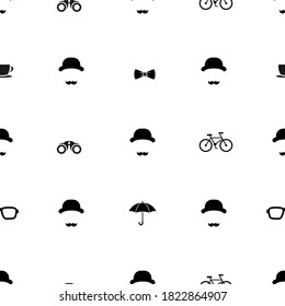 Seamless pattern with gentleman on white background. Silhouette of man's head, moustache, tobacco pipes, umbrellas, bows and bowler hat. Vintage ornament.  Vector flat illustration.