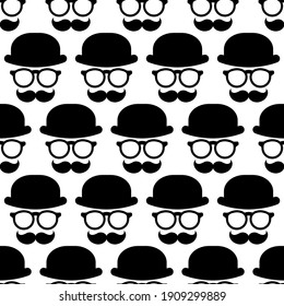 Seamless pattern with gentleman on white background. Silhouette of man's head with moustache, lorgnette and bowler hat. Black retro, vintage ornament.  Vector flat illustration.