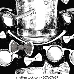 Seamless pattern with gentleman set. Glasses, tie, top hat on a black background. Vector illustration.