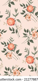 Seamless pattern with gently floral composition. Fond floral print with aster flowers, leaves, twigs in bouquets. Watercolor botanical background. Vector illustration.