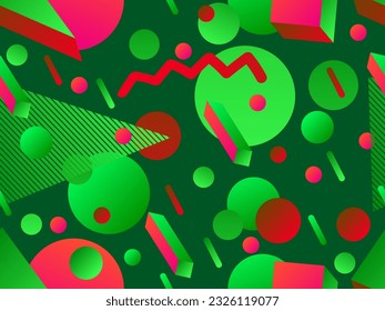 Seamless pattern with geometric 3d shapes in 80s style. Gradient 3d shapes in isometric style. Geometric memphis style. Design for wallpaper, wrapping paper and printing. Vector illustration