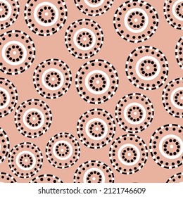 Seamless pattern with geometric aboriginal ornament. Ethnic tribal rounded color background. Afican, australian motiph. Dots painting. Vector illustration, template design for cloth, card, fabric.