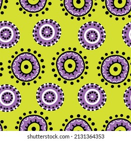 Seamless pattern with geometric aboriginal ornament. Ethnic tribal rounded color background. Afican, australian motiph. Dots painting. Vector illustration, template design for cloth, card, fabric.