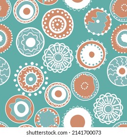 Seamless pattern with geometric aboriginal ornament. Ethnic tribal rounded color background. Afican, australian motiph. Dots painting. Vector illustration, template design for cloth, card, fabric.