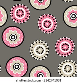 Seamless pattern with geometric aboriginal ornament. Ethnic tribal rounded color background. Afican, australian motiph. Dots painting. Vector illustration, template design for cloth, card, fabric.