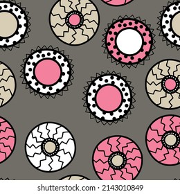 Seamless pattern with geometric aboriginal ornament. Ethnic tribal rounded color background. Afican, australian motiph. Dots painting. Vector illustration, template design for cloth, card, fabric.