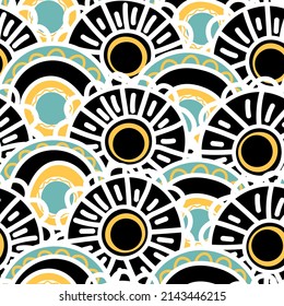 Seamless pattern with geometric aboriginal ornament. Ethnic tribal rounded color background. Afican, australian motiph. Dots painting. Vector illustration, template design for cloth, card, fabric.