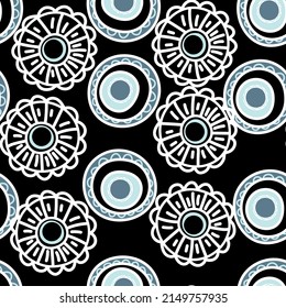 Seamless pattern with geometric aboriginal ornament. Ethnic tribal rounded color background. Afican, australian motiph. Dots painting. Vector illustration, template design for cloth, card, fabric.