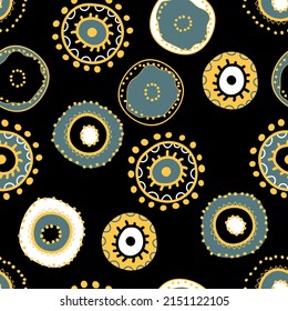 Patrón sin foco con ornamento aborigen geométrico. Fondo étnico tribal de color redondeado. Motiph australiano. Pintura de puntos. Ilustración vectorial, diseño de plantilla para tela, tarjeta, tela.