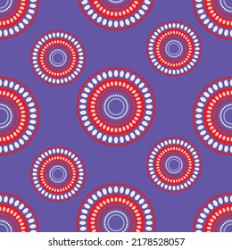 Seamless pattern with geometric aboriginal ornament. Ethnic tribal rounded color background. Afican, australian motiph. Dots painting. Vector illustration, template design for cloth, card, fabric.