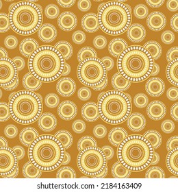Seamless pattern with geometric aboriginal ornament. Ethnic tribal rounded color background. Afican, australian motiph. Dots painting. Vector illustration, template design for cloth, card, fabric.