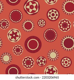 Seamless pattern with geometric aboriginal ornament. Ethnic tribal rounded color background. Afican, australian motiph. Dots painting. Vector illustration, template design for cloth, card, fabric.