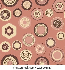 Seamless pattern with geometric aboriginal ornament. Ethnic tribal rounded color background. Afican, australian motiph. Dots painting. Vector illustration, template design for cloth, card, fabric.