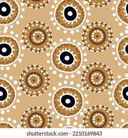 Seamless pattern with geometric aboriginal ornament. Ethnic tribal rounded color background. Afican, australian motiph. Dots painting. Vector illustration, template design for cloth, card, fabric.