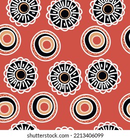 Seamless pattern with geometric aboriginal ornament. Ethnic tribal rounded color background. Afican, australian motiph. Dots painting. Vector illustration, template design for cloth, card, fabric.