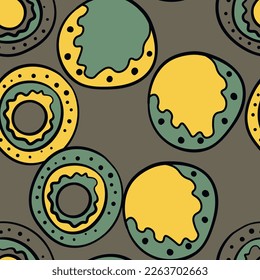 Seamless pattern with geometric aboriginal ornament. Ethnic tribal rounded color background. Afican, australian motiph. Dots painting. Vector illustration, template design for cloth, card, fabric.