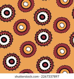 Seamless pattern with geometric aboriginal ornament. Ethnic tribal rounded color background. Afican, australian motiph. Dots painting. Vector illustration, template design for cloth, card, fabric.