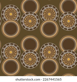 Seamless pattern with geometric aboriginal ornament. Ethnic tribal rounded color background. Afican, australian motiph. Dots painting. Vector illustration, template design for cloth, card, fabric.