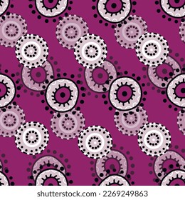 Seamless pattern with geometric aboriginal ornament. Ethnic tribal rounded color background. Afican, australian motiph. Dots painting. Vector illustration, template design for cloth, card, fabric.