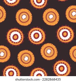 Seamless pattern with geometric aboriginal ornament. Ethnic tribal rounded color background. Afican, australian motiph. Dots painting. Vector illustration, template design for cloth, card, fabric. - Shutterstock ID 2282868435