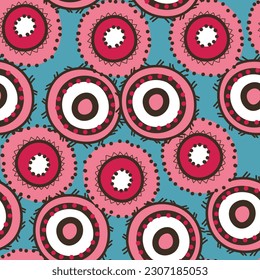 Seamless pattern with geometric aboriginal ornament. Ethnic tribal rounded color background. Afican, australian motiph. Dots painting. Vector illustration, template design for cloth, card, fabric.