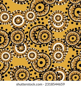 Seamless pattern with geometric aboriginal ornament. Ethnic tribal rounded color background. Afican, australian motiph. Dots painting. Vector illustration, template design for cloth, card, fabric.