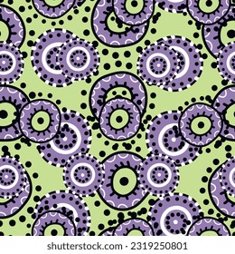 Seamless pattern with geometric aboriginal ornament. Ethnic tribal rounded color background. Afican, australian motiph. Dots painting. Vector illustration, template design for cloth, card, fabric.