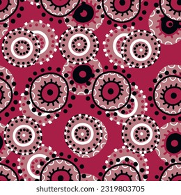 Seamless pattern with geometric aboriginal ornament. Ethnic tribal rounded color background. Afican, australian motiph. Dots painting. Vector illustration, template design for cloth, card, fabric.