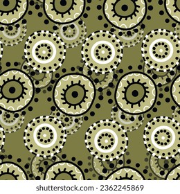Seamless pattern with geometric aboriginal ornament. Ethnic tribal rounded color background. Afican, australian motiph. Dots painting. Vector illustration, template design for cloth, card, fabric.