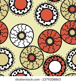 Seamless pattern with geometric aboriginal ornament. Ethnic tribal rounded color background. Afican, australian motiph. Dots painting. Vector illustration, template design for cloth, card, fabric.