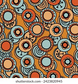 Seamless pattern with geometric aboriginal ornament. Ethnic tribal rounded color background. Afican, australian motiph. Dots painting. Vector illustration, template design for cloth, card, fabric.