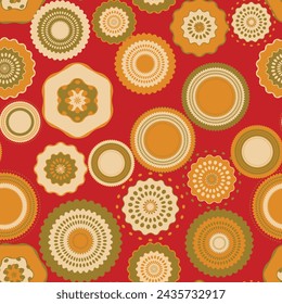 Seamless pattern with geometric aboriginal ornament. Ethnic tribal rounded color background. Afican, australian motiph. Dots painting. Vector illustration, template design for cloth, card, fabric.